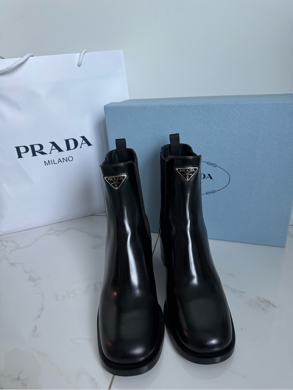 Prada Black Leather Logo Boots